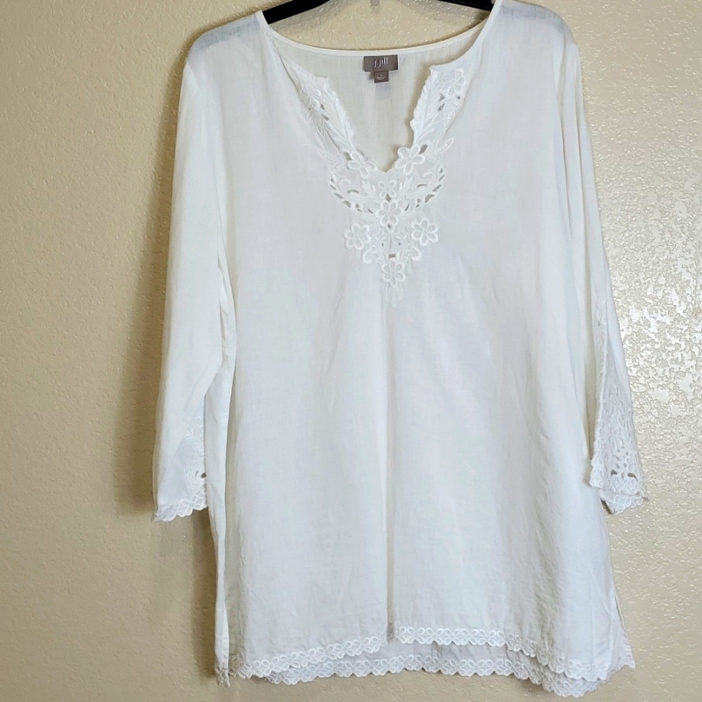 J. Jill White Embroidered V-Neck Tunic Top Large Lagenlook